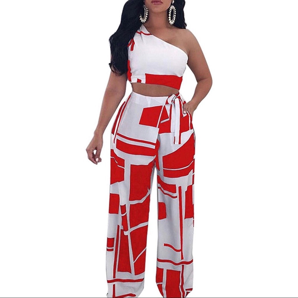 2 Piece Crop Top Belted Palazzo Pants Set